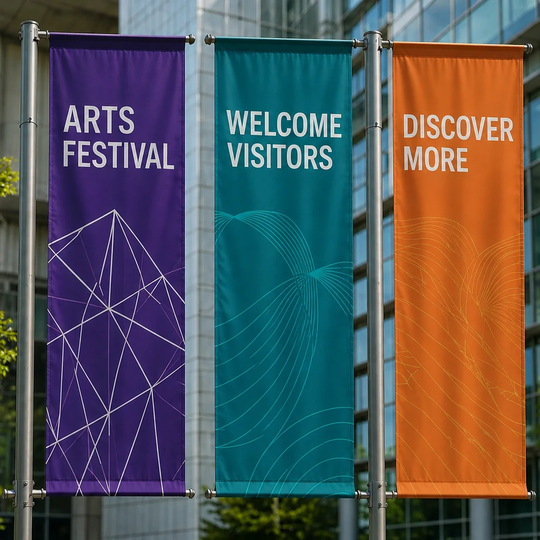 Three colorful
            vertical banner flags reading Arts Festival, Welcome Visitors, and
            Discover More
