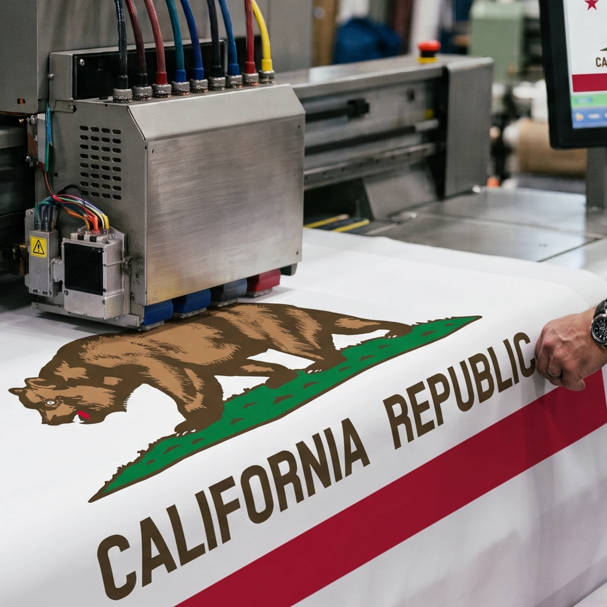 Wide-format digital printer producing vibrant fabric with the
            word EXPLORE