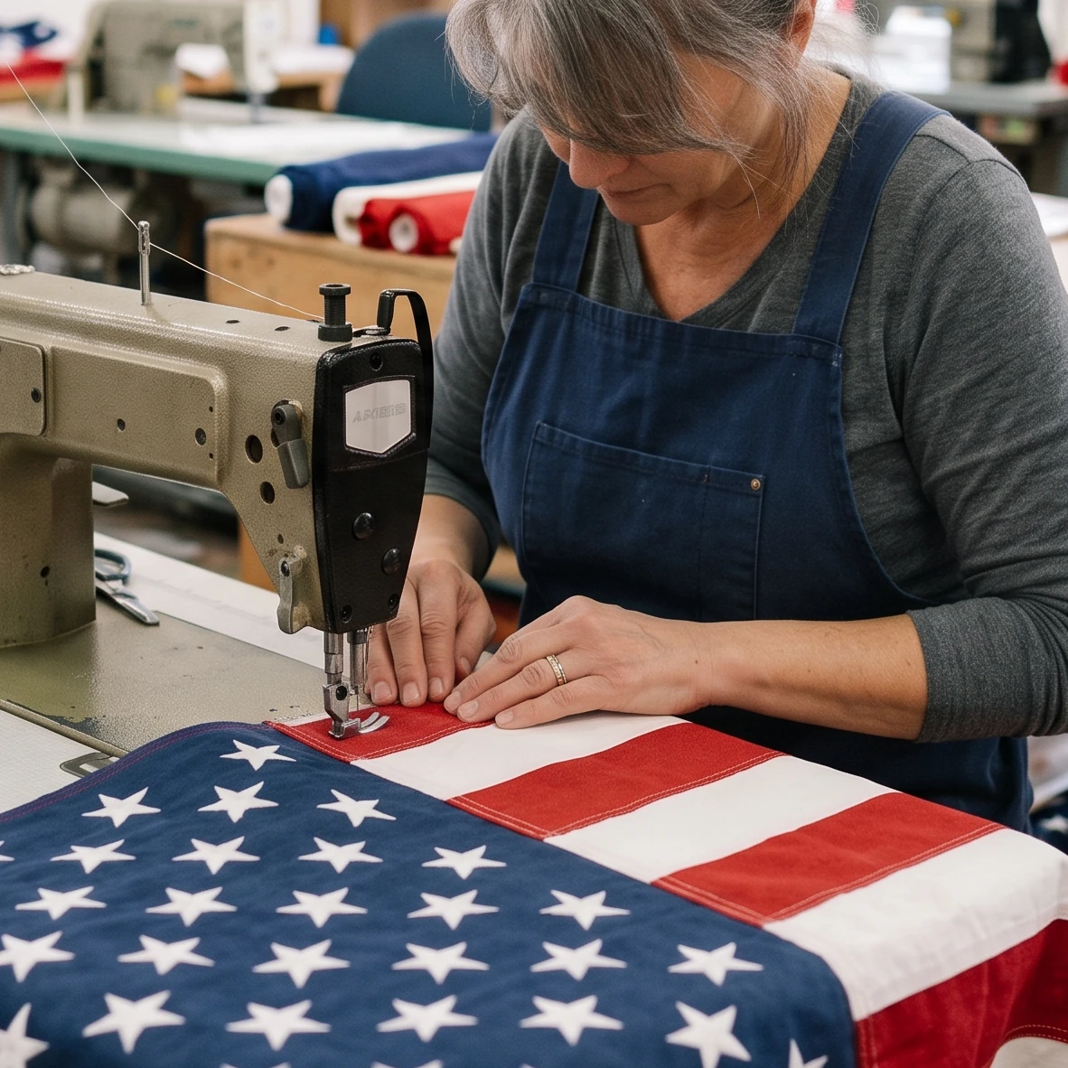 American flag fabric being sewn on an industrial JUKI sewing
            machine